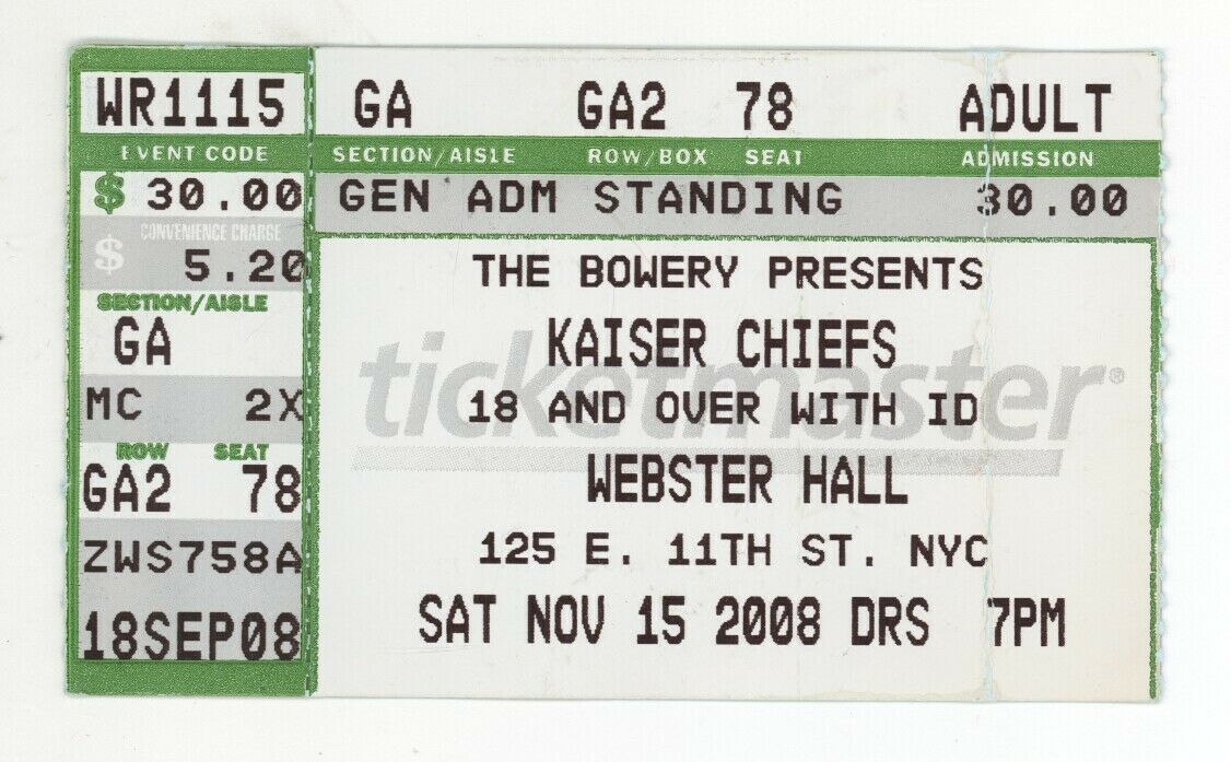 RARE Kaiser Chiefs 11/15/08 New York City NY Webster Hall Ticket Stub! NYC